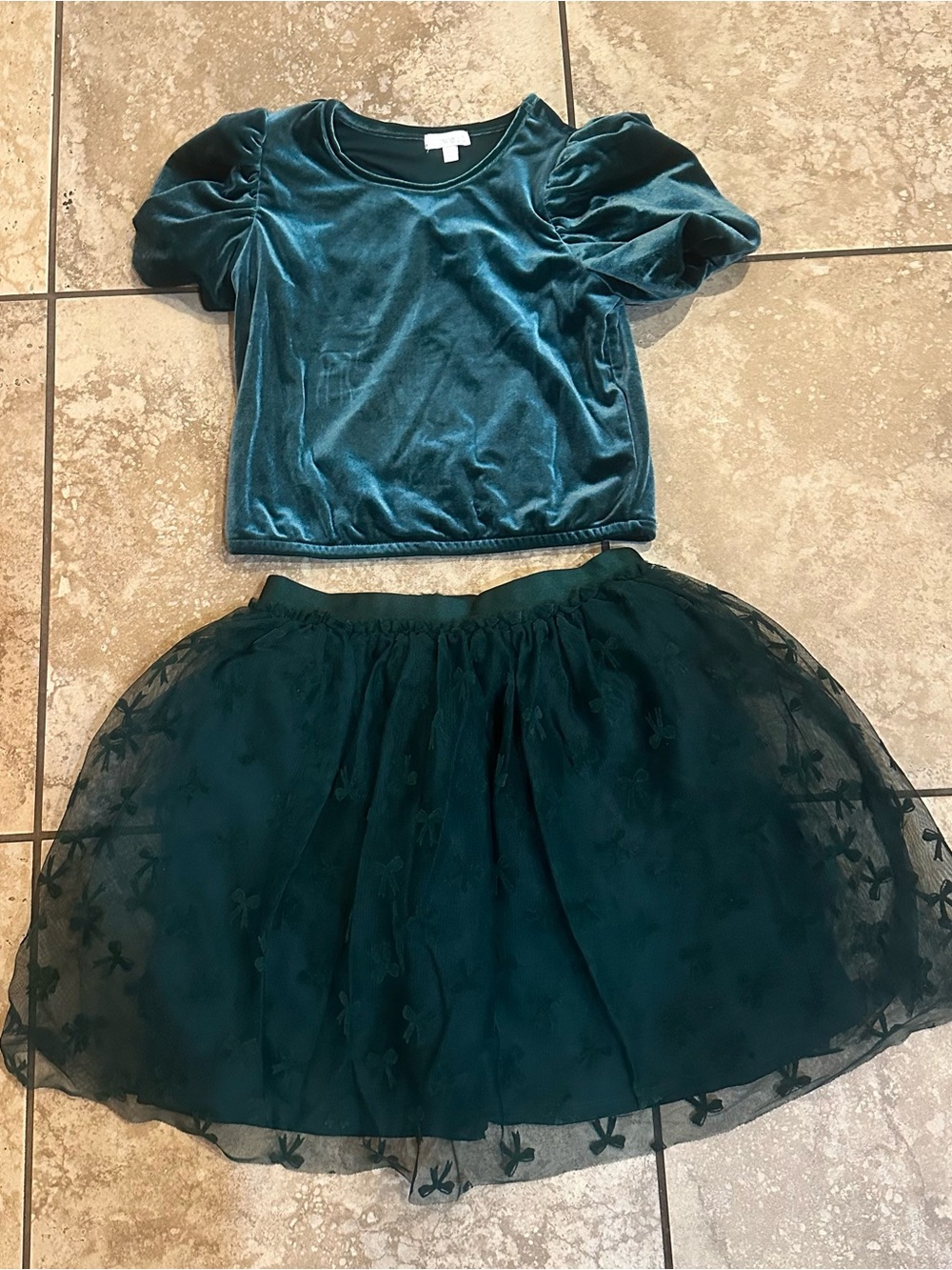 btween Teal Velvet Puff-Sleeve Top with Floral Tulle Skirt